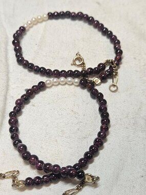 Vintage 14K Gold Genuine Garnet & Cultured Pearl Beaded Bracelet Set of 2